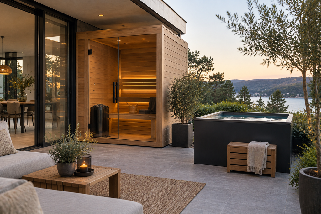 Home wellness equipment with outdoor sauna and cold plunge